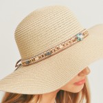 Wholesale sun Hat Beaded Band Natural Stone Detail Leather String Bow One Fits M