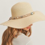 Wholesale sun Hat Beaded Band Natural Stone Detail Leather String Bow One Fits M