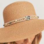 Wholesale sun Hat Beaded Band Natural Stone Detail Leather String Bow One Fits M