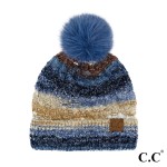 C.C HTC0041
Multi Color Space Dye Pom Beanie 

- One Size 
- Lined Beanie
- Hat Body: 51% Acrylic/ 39% Polyester/ 10% Wool
- Pom: 100% Faux Fur
- Lining: 100% Polyester 
