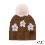 Wholesale c C HTC Daisy Pattern Beanie Pom Recycled Polyester Spandex Pom Faux F