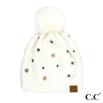 C.C HTE0010
Star Studded Pom Beanie

- One Size Fits Most
- Faux Fur Pom 
- 97% Recycled Polyester / 3% Spandex 