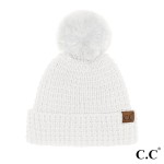 Wholesale c C HTE Waffle Knit Pattern Cuff Beanie Fur Pom One Fits Most Lined Be