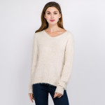 Wholesale solid color soft touch fuzzy chenille knit v neck sweater One fits mos