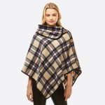 Wholesale plaid print turtleneck poncho snap wood button details One fits most P