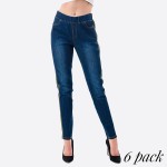 Wholesale stretchy denim green leopard print side stripe jeggings pull front bac
