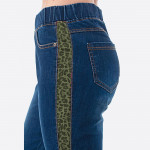 Wholesale stretchy denim green leopard print side stripe jeggings pull front bac