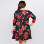 Wholesale women s plus Christmas poinsettia flower print Line dress pocket detai