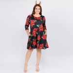 Wholesale women s plus Christmas poinsettia flower print Line dress pocket detai