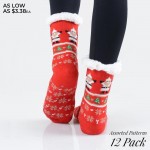 Women's Assorted Christmas Print Sherpa Socks. (12 Pack)

ï¿½ Variety of Christmas patterns 
ï¿½ Reinforced toe seam 
ï¿½ Silicon rubber dot traction bottom 
ï¿½ Plush faux sherpa lining 
ï¿½ Thick 
ï¿½ Breathable 
ï¿½ Perfect for wearing indoors 
ï¿½ Imported 

- 10 Pair of Socks Per Pack
- Size: Adult 9-11
- 40% Acrylic / 60% Polyester