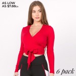 Wholesale women s solid long sleeve v neck wrap tie crop top o Long sleeves o Pl