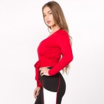 Wholesale women s solid long sleeve v neck wrap tie crop top o Long sleeves o Pl