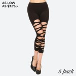 Wholesale women s Black Ripped Capri Leggings o Elastic Waistband o Long Skinny
