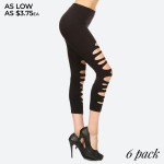 Wholesale women s Black Ripped Capri Leggings o Elastic Waistband o Long Skinny