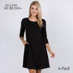Wholesale women s Solid Sleeve Swing Dress Side Pockets o Relax Scoop Neckline o