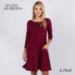 Wholesale women s Solid Sleeve Swing Dress Side Pockets o Relax Scoop Neckline o