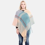 Wholesale women s Fuzzy Knit Plaid Print Fringe Tassel Poncho One fits most L Po