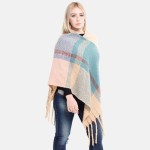 Wholesale women s Fuzzy Knit Plaid Print Fringe Tassel Poncho One fits most L Po