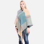 Wholesale women s Fuzzy Knit Plaid Print Fringe Tassel Poncho One fits most L Po