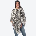 Wholesale women s Zebra Print Knit Poncho Fringe Tassel Trim One fits most Long