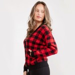 Wholesale women s Buffalo Check Knit Cardigan Button Closure Two Functional Fron