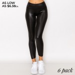 Wholesale women s Black PU Leather Leggings Pack Elastic Waistband Hidden Waistb