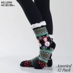 Women's Assorted Christmas Snowman Print Sherpa Socks. (12 Pack)

• Unique snowman designs on exterior
• Reinforced toe seam
• Thick
• Breathable
• Rubber dot traction bottom
• Plush faux sherpa lining
• Imported

- 12 Pair Per Pack
- 5 Assorted Colors
- Size: Adult 9-11
- 40% Acrylic, 60% Polyester