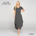 Wholesale striped Midi Dress Rounded Midi Hem Cap Sleeves Two Pockets Hip Pack o