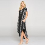 Wholesale striped Midi Dress Rounded Midi Hem Cap Sleeves Two Pockets Hip Pack o