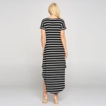 Wholesale striped Midi Dress Rounded Midi Hem Cap Sleeves Two Pockets Hip Pack o