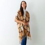 Wholesale women s Beige Plaid Knit Ruana Wrap Tassel Edges One Fits Most Polyest