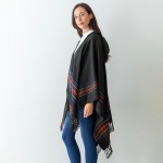 Wholesale women s Hooded Woven Knit Ruana Wrap Plaid Accents Tassel Edges One Fi