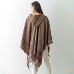 Wholesale women s Hooded Woven Knit Ruana Wrap Plaid Accents Tassel Edges One Fi