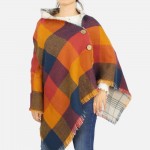Wholesale reversible Plaid Poncho button details frayed edges One fits most Acry