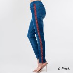 Wholesale stretchy denim coral leopard print side stripe jeggings pull front bac