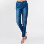 Wholesale stretchy denim coral leopard print side stripe jeggings pull front bac