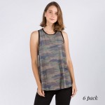 Camouflage Tank Top Featuring Flirty Split Back Detail. (6 Pack)

• Sleeveless
• Crewneck
• Camouflage print
• Split back detail
• Flowy silhouette
• Lined edge trimming throughout
• Soft and comfortable
• Pair with biker shorts and sneakers for a laid-back style
- 6 Tank Tops Per Pack

Pack Breakdown: 6pcs/pack. 2S: 2M: 2L