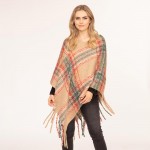 Wholesale women s Plaid Knit Poncho Tassel Edges One Fits Most Polyester