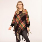 Wholesale women s Plaid Knit Poncho Tassel Edges One Fits Most Polyester