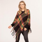 Wholesale women s Plaid Knit Poncho Tassel Edges One Fits Most Polyester