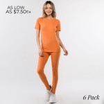 Peach Skin Loungewear Set Featuring Leggings and Matching Tee. (6 Pack)

- Each Set Comes with 1" Waistband Peachskin Leggings and Matching Peachskin Tee. 
- 6 Sets Per Pack
- Sizes: 2-S, 2-M, 2-L
- Polyester Blend
