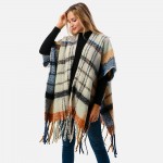Wholesale soft Fuzzy Knit Plaid Pattern Ruana Wrap Tassel Hem One Fits Most Poly