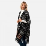 Wholesale soft Fuzzy Plaid Pattern Knit Ruana Frayed Hem One Fits Most Polyester