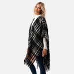 Wholesale soft Fuzzy Plaid Pattern Knit Ruana Frayed Hem One Fits Most Polyester