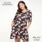 Women's Plus Size Cardinal Red Camo Print A- Line Dress

- Camo print
- Side pockets
- A-line silhouette
- ¾ Sleeves
- Soft and comfortable
- Lightweight
- Above knee length
- Casual

- 95% Polyester / 5% Spandex
- Pack Breakdown: 6pcs/pack
- Sizes: 2XL / 2XXL / 2XXXL