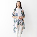 Wholesale lightweight Floral Kimono Fringe Hem Silver Thread Accents One Fits Mo