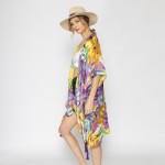 Wholesale lightweight Palm Leaf Flower Print Kimono Tassels One Fits Most Polyes