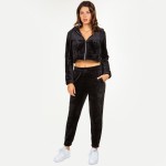 Wholesale soft Faux Fur Fleece Zip Up Cropped Hoodie Jogger Set Faux Fur Lined H