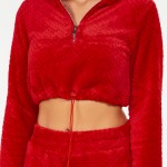Wholesale soft Faux Fur Fleece Half Zip Cropped Hoodie Jogger Set Pull Tighten H