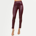 Wholesale solid Faux Leather Waistband Ankle Leggings Waisted Polyester Spandex